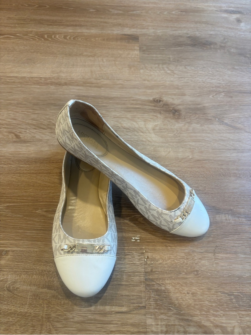 Michael Kors Beige Logo Ballet Flats with Ivory Cap Toe